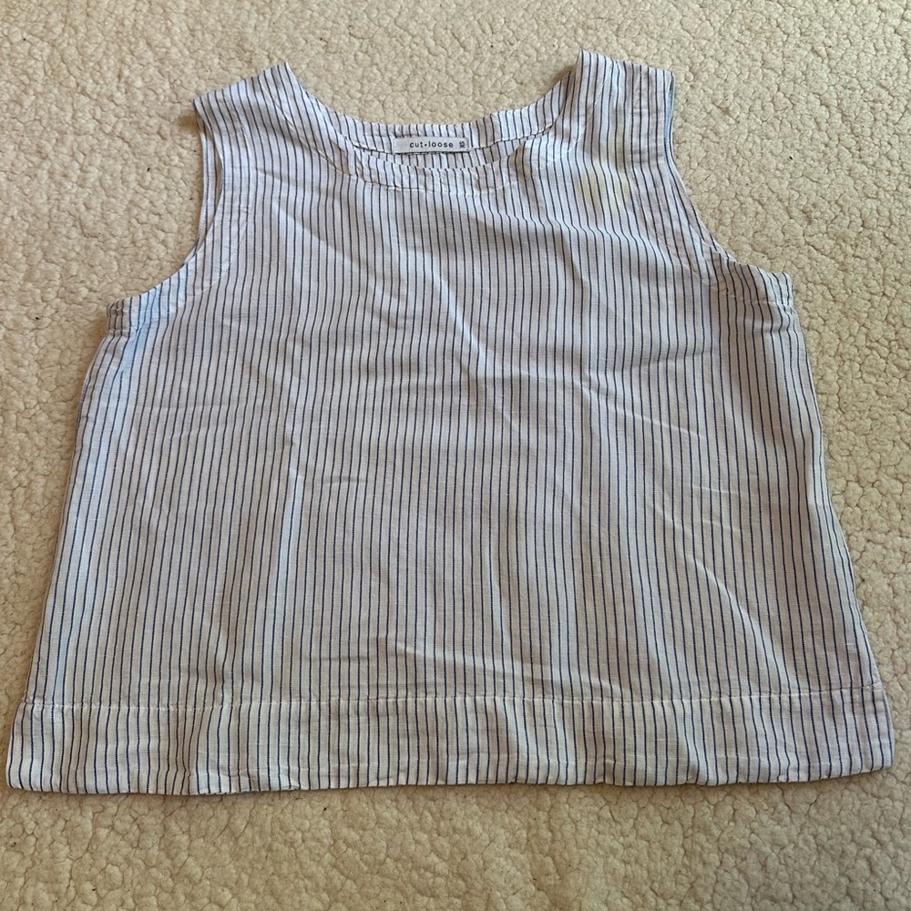 Cut Loose Womens Sleeveless Top Linen/Cotton Blend Shirt White/Blue Striped XS